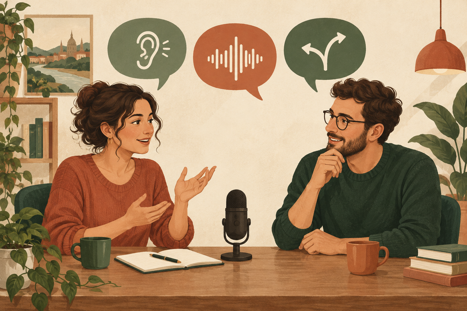 Two adults practising conversation, with symbols for listening, speaking and follow-up questions